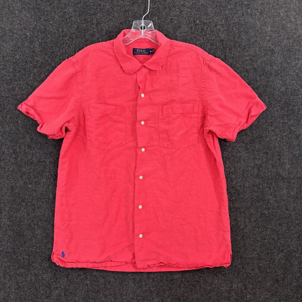Polo Ralph Lauren Shirt Men's Medium Pink Linen Silk Short Sleeve Pockets Summer